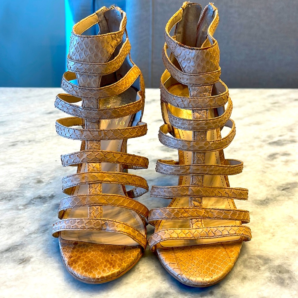Vince Camuto strappy nude leather snakeskin heels with bsck zip. Size 7M